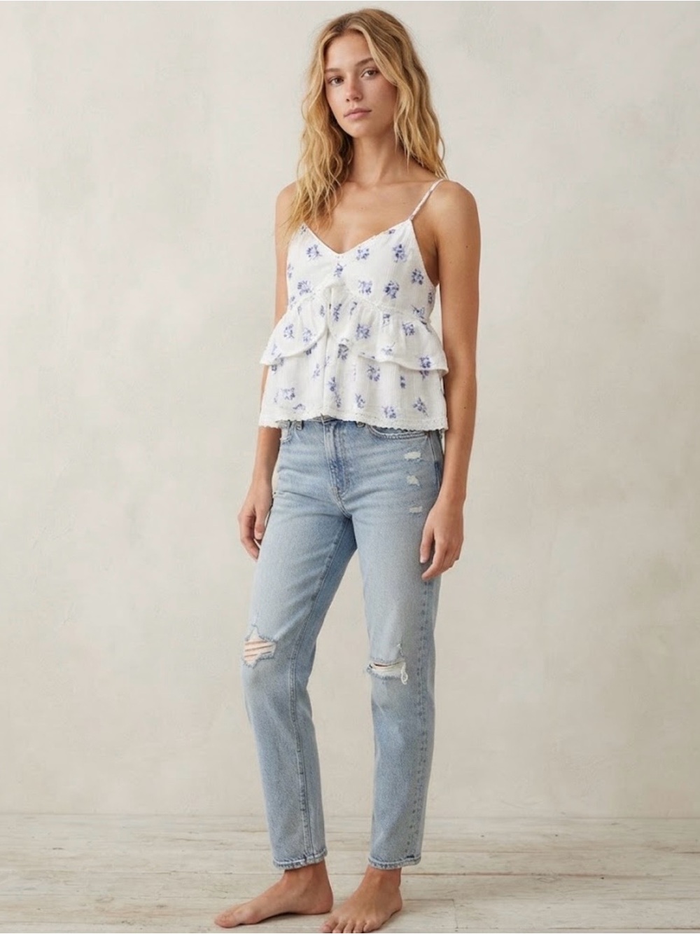 Joie White Camisole with Blue Floral Print and Ruffle Tiers